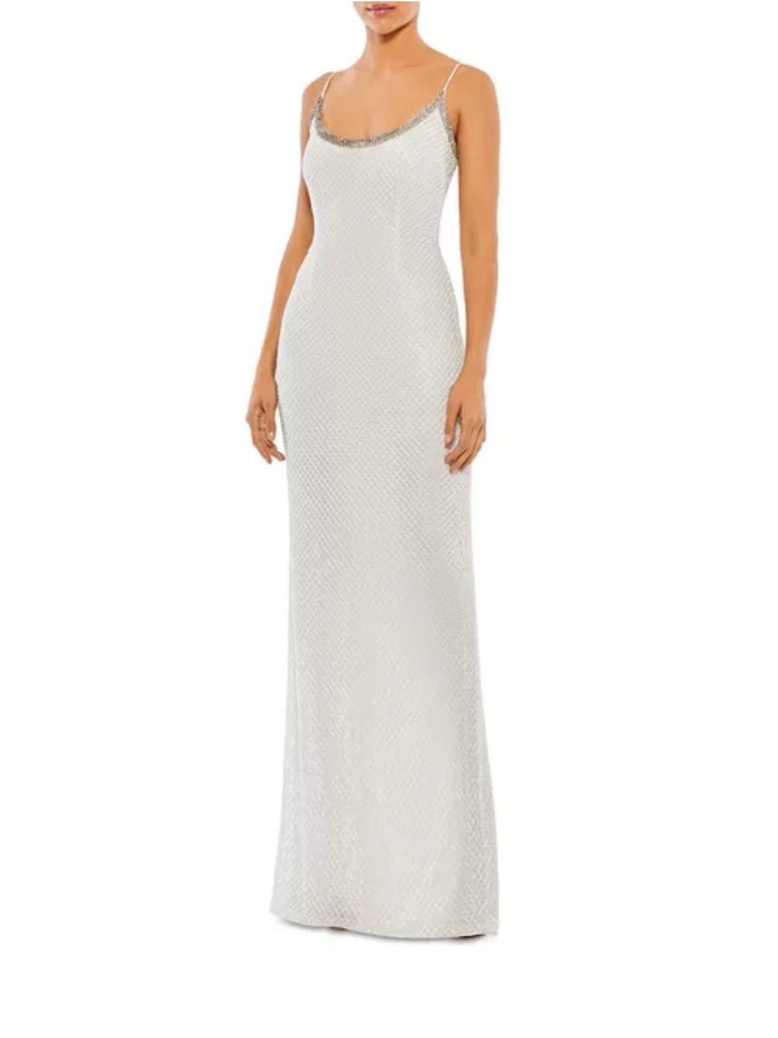 Mac Duggal White Sequin Slip Gown With Beaded Scoop Neck